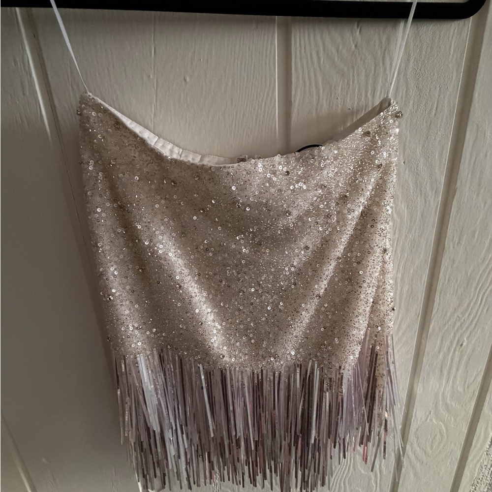 Gahlia Lahav Sequin Fringe Skirt in Silver